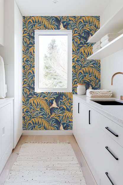 Blue and yellow botanical wallpaper with elegant birds in flight