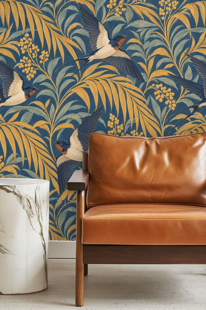 Wallpaper artwork featuring flying swallows with blue wings and golden palm leaves on a deep blue background