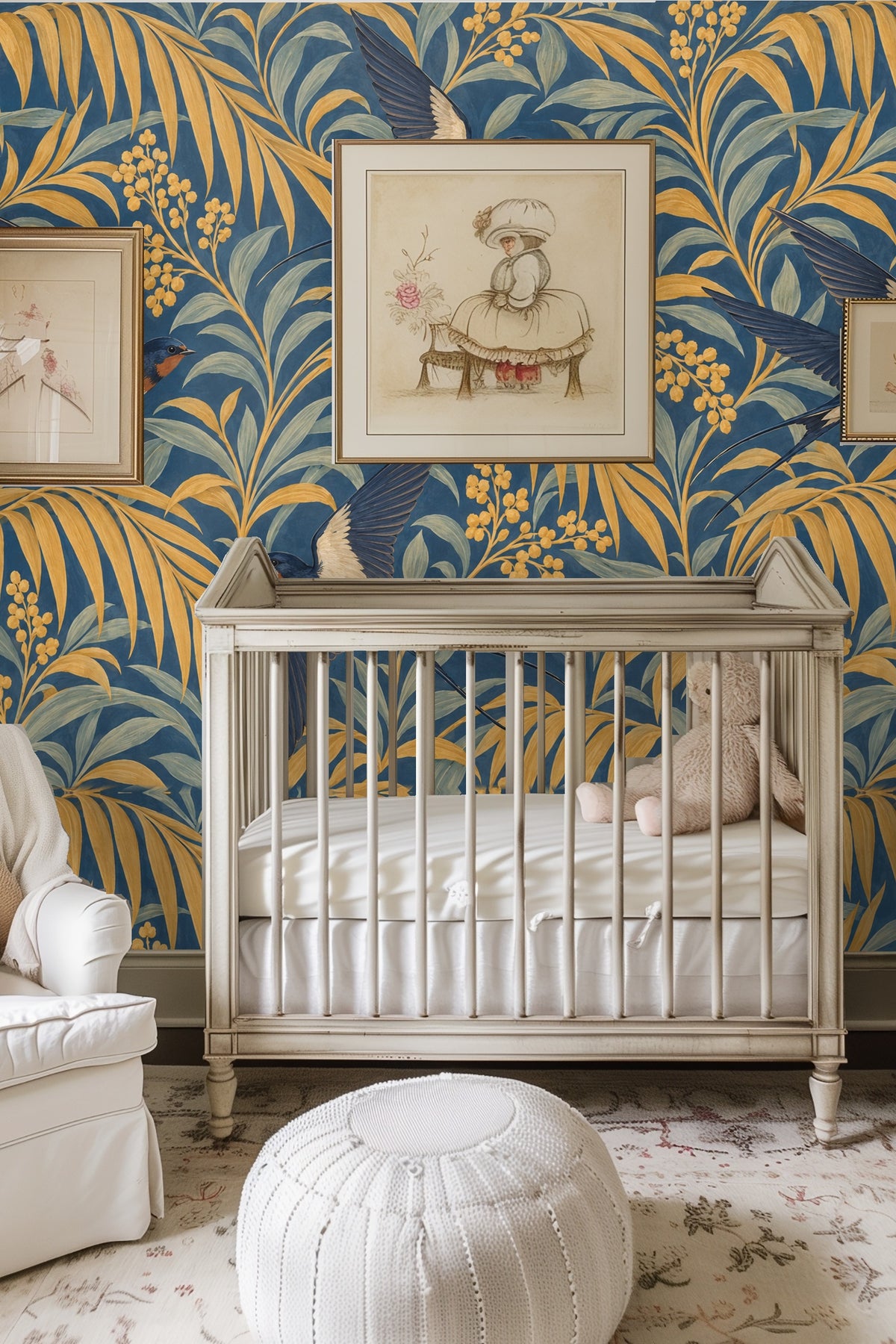 Wallpaper section showing detailed swallow and golden palm leaf motif
