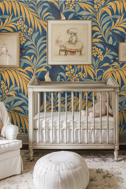 Wallpaper section showing detailed swallow and golden palm leaf motif