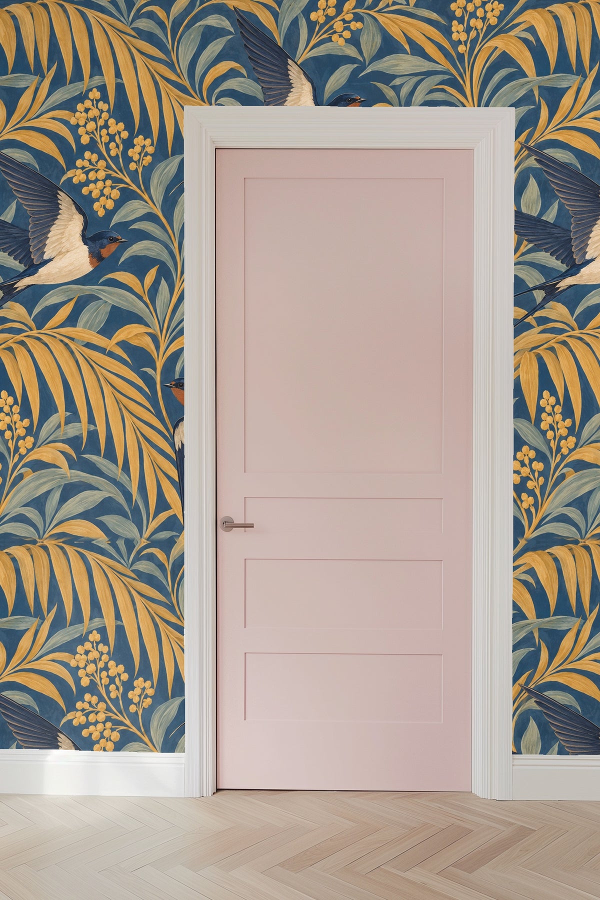 Interior with wallpaper pattern showcasing layered palm and bird imagery