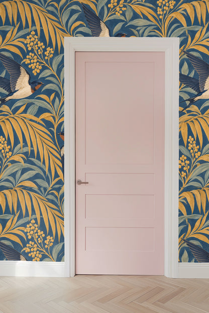 Interior with wallpaper pattern showcasing layered palm and bird imagery