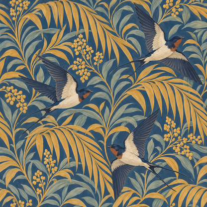 Close view of painterly leaves and flying swallow on richly colored wallpaper