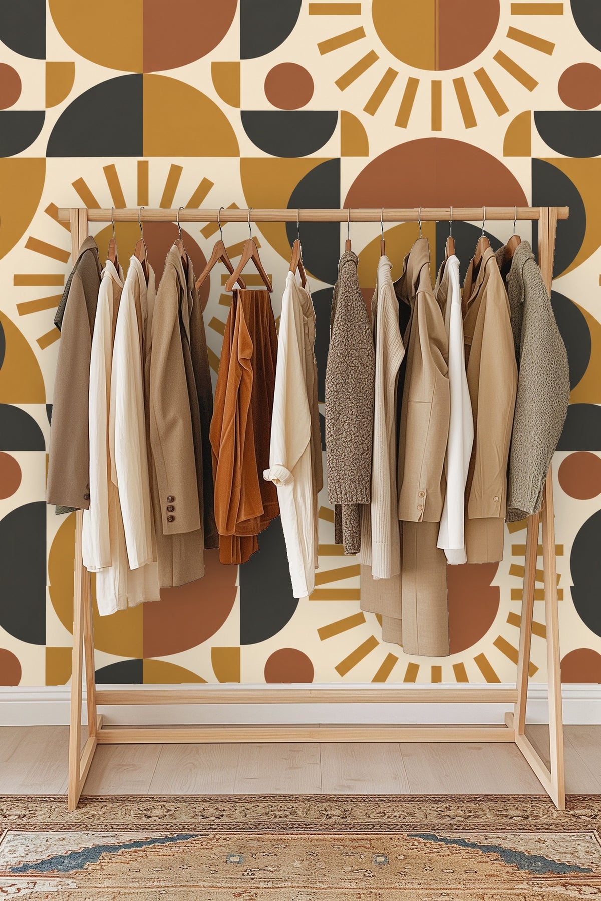 Detail of terracotta and ochre geometric circles contrasted with charcoal segments