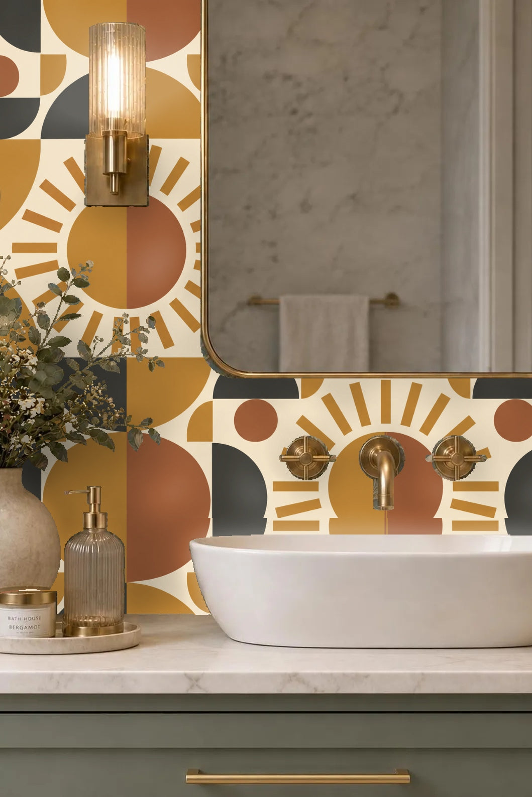 Bedroom wall with wallpaper behind headboard emphasizing warm color palette