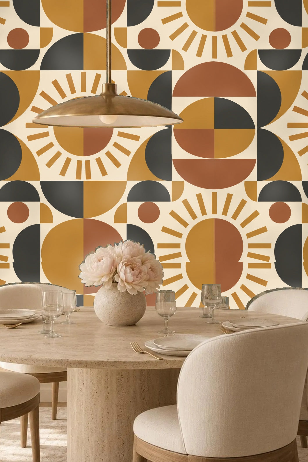 Living room with cream sofa in front of large scale Ochre Sundial wallpaper in terracotta, ochre, and charcoal