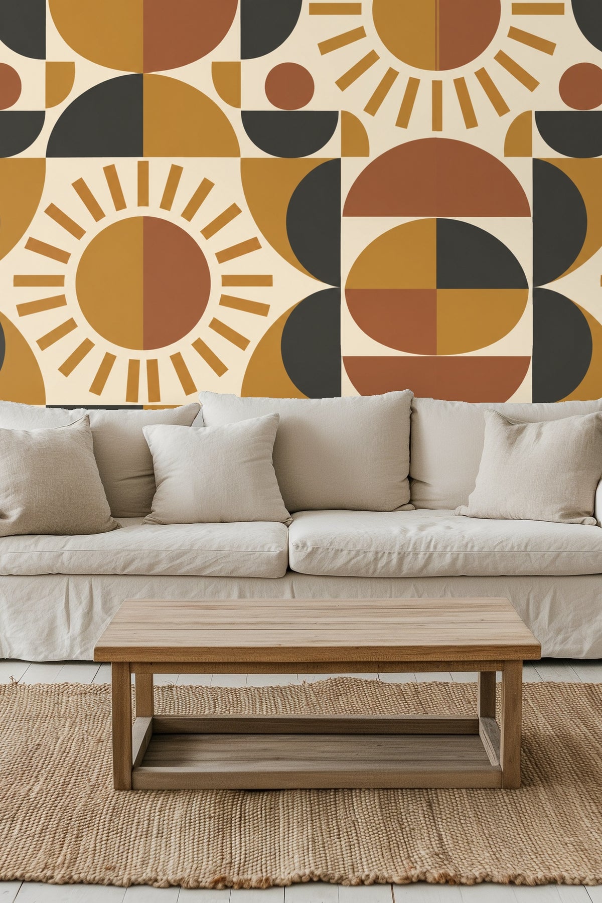 Wallcovering with geometric ochre sundial circles and shapes in terracotta, ochre, and charcoal on cream ground