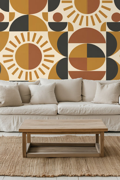Wallcovering with geometric ochre sundial circles and shapes in terracotta, ochre, and charcoal on cream ground