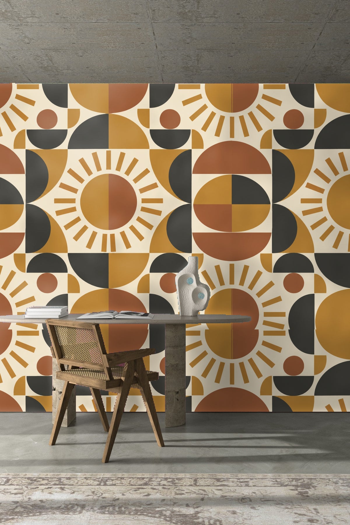 Ochre Sundial wallpaper styled with midcentury modern wooden furniture