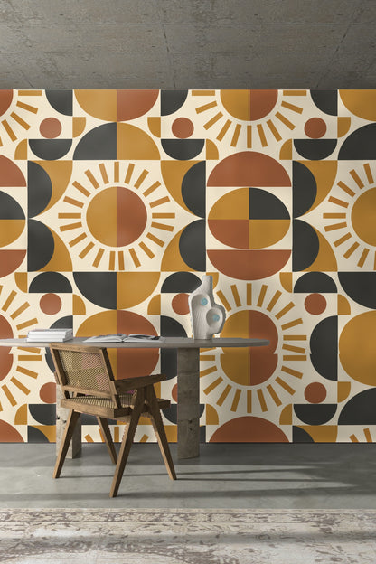 Ochre Sundial wallpaper styled with midcentury modern wooden furniture