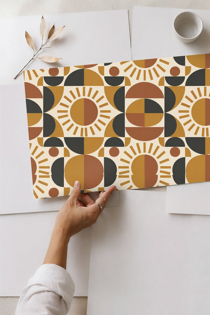 Pattern composed of geometric shapes creating a sun-inspired design