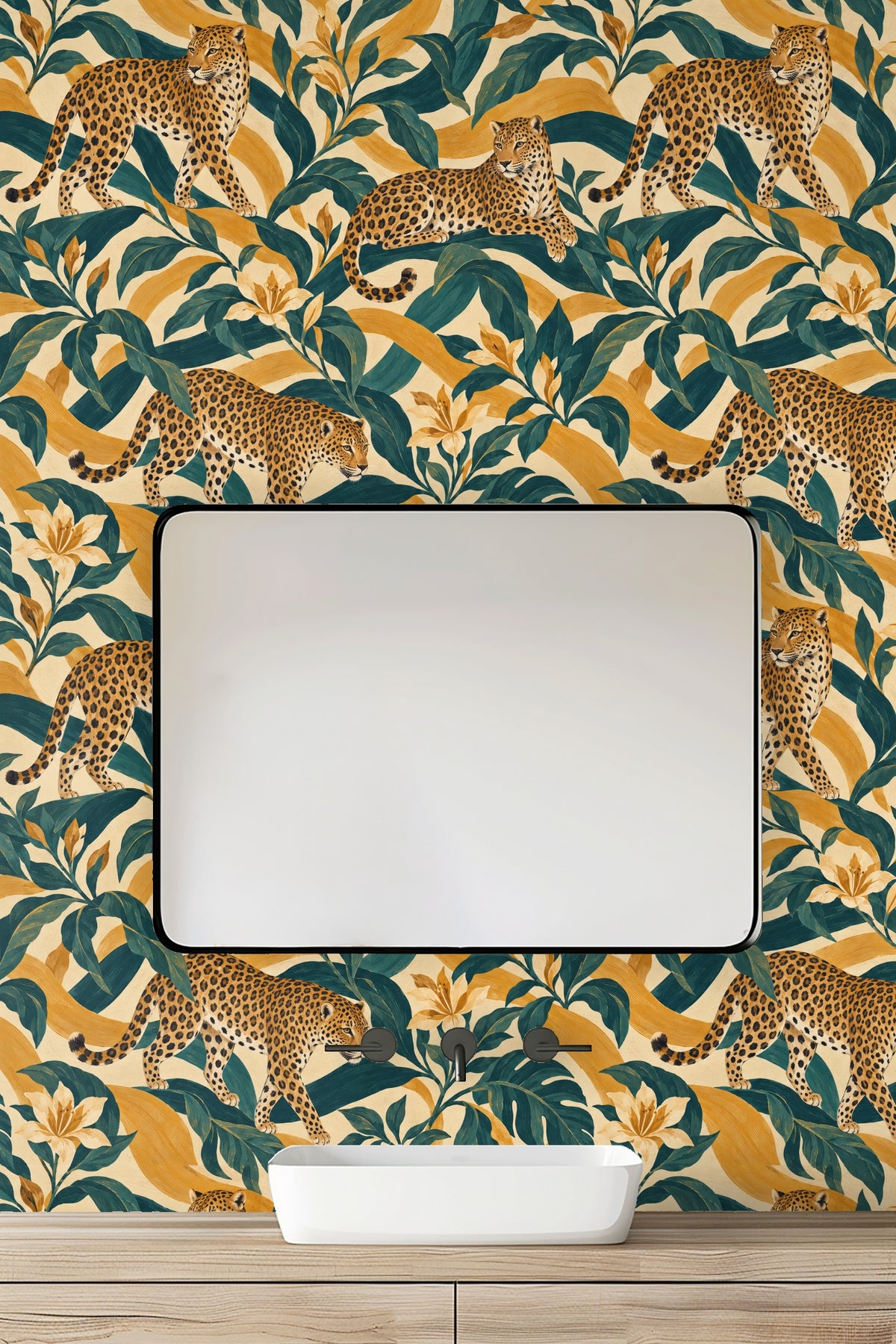 Large scale floral and animal print wallpaper in modern interior