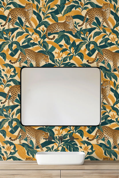 Large scale floral and animal print wallpaper in modern interior