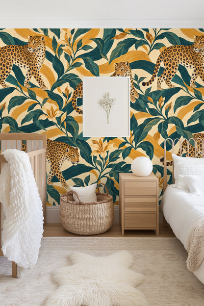 Bedroom wall with Amber Panther Stripe wallpaper behind green bedframe with cushions