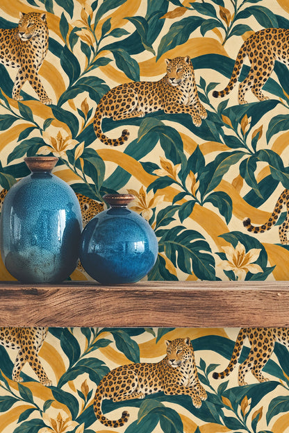 Wallpaper pattern detail showing ochre stripes and lilies among foliage