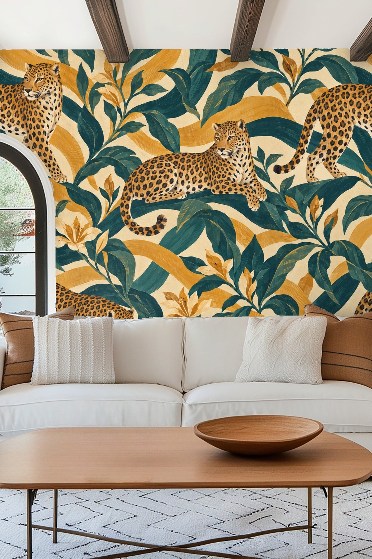 Side view of living room with wooden table and wallpaper in amber and teal