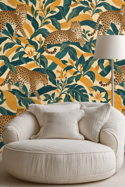 Detail of tiger lily flowers and curved ochre bands on wallpaper