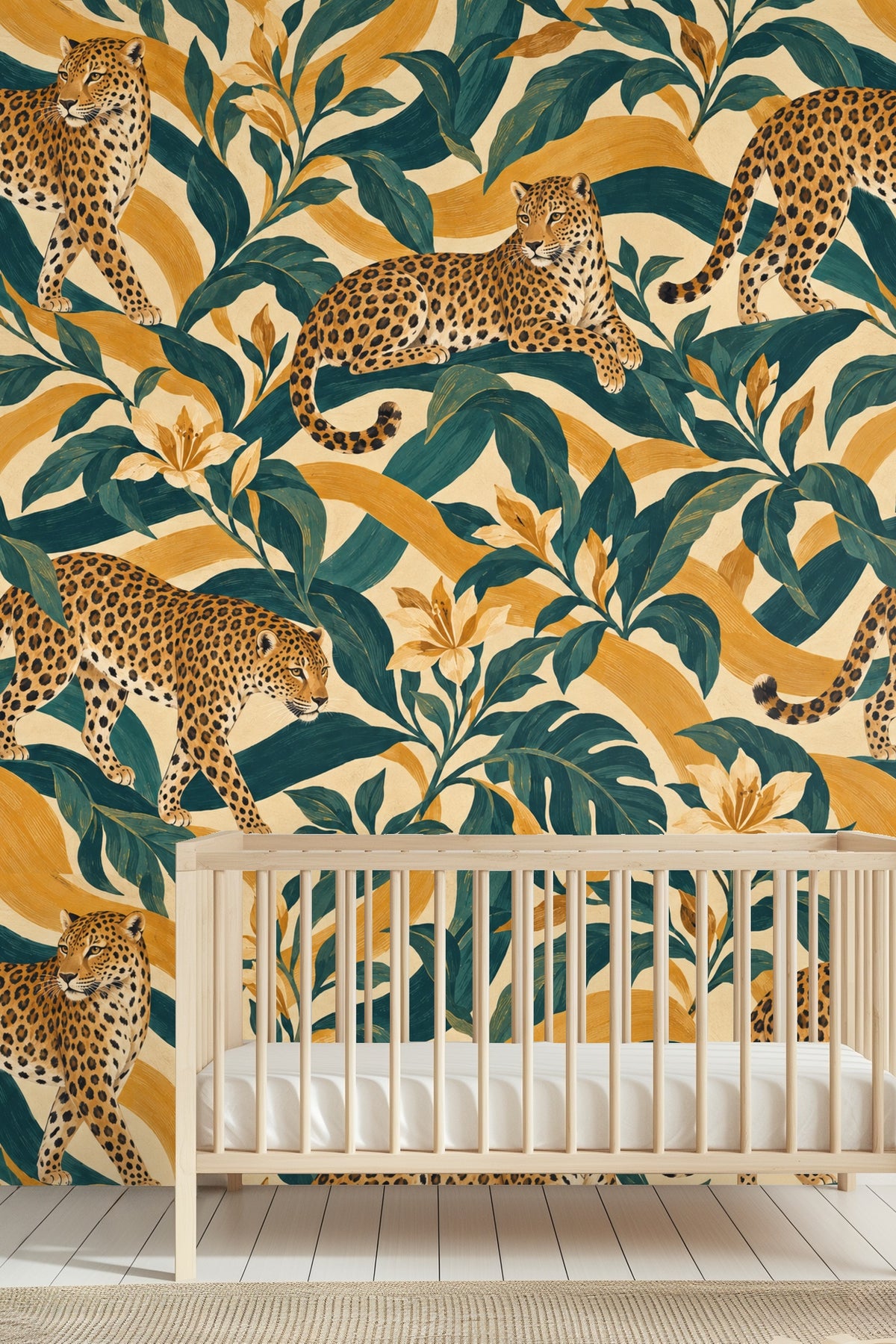 Leopard's face detail with expressive eyes and spotted coat on wallpaper