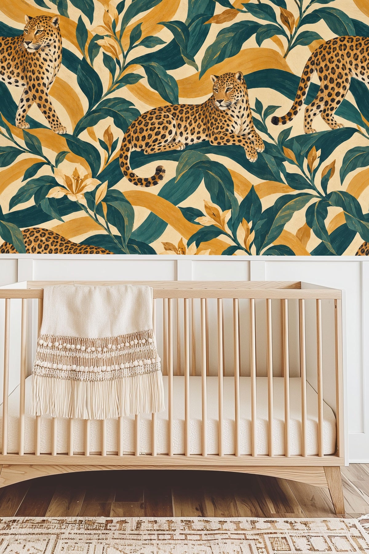 Green bedframe in front of leopard and foliage wallpaper