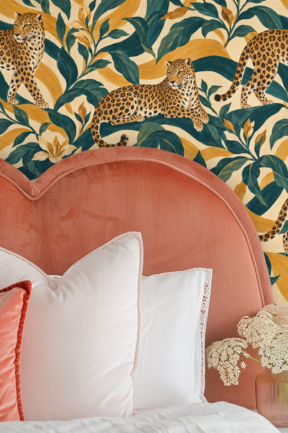 Pattern repeat showing three amber leopards in painterly jungle scene