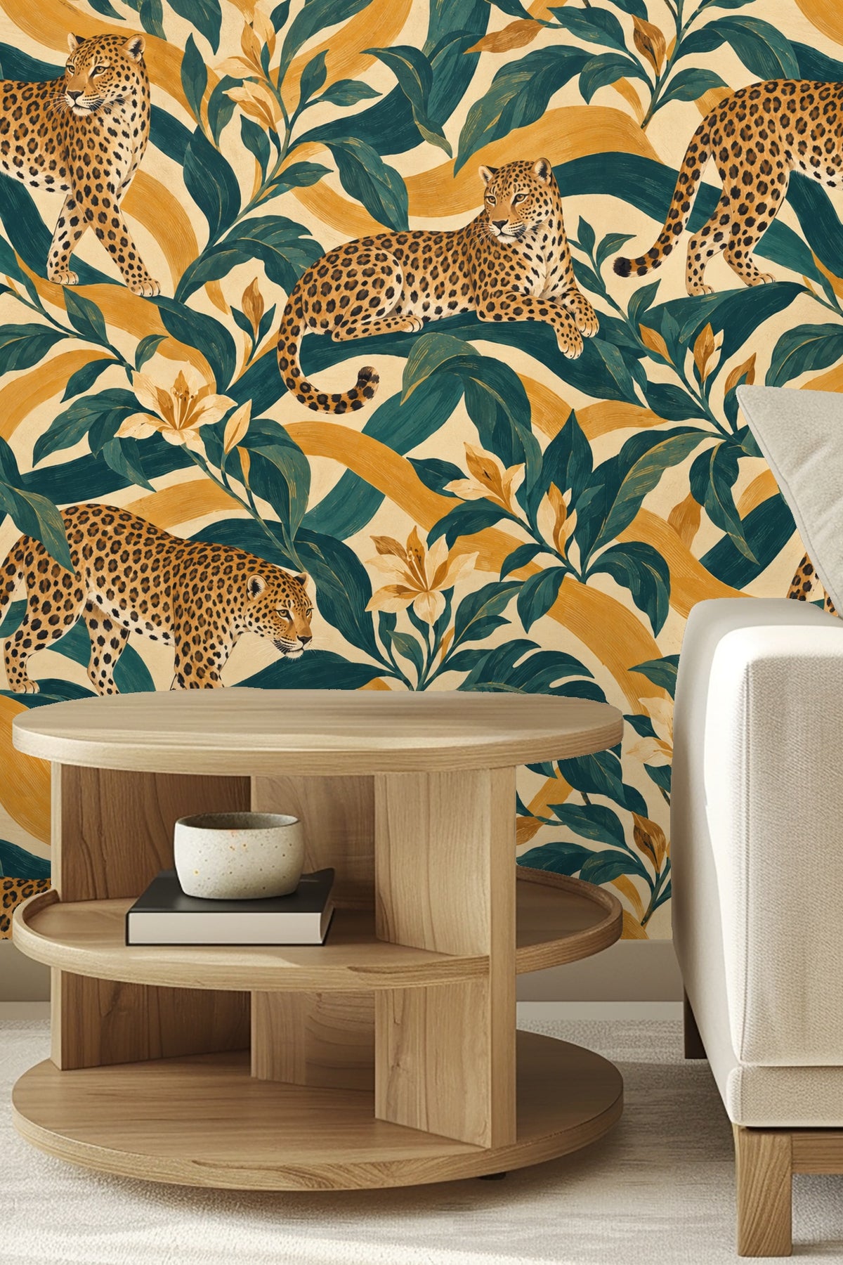 Original artwork: Three amber leopards in painterly teal leaves and ochre stripes pattern