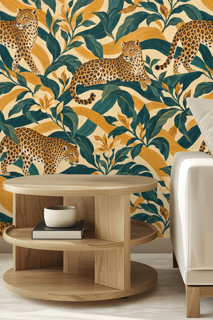Original artwork: Three amber leopards in painterly teal leaves and ochre stripes pattern