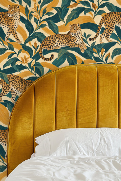 Teal and ochre botanical pattern with amber leopards resting and walking