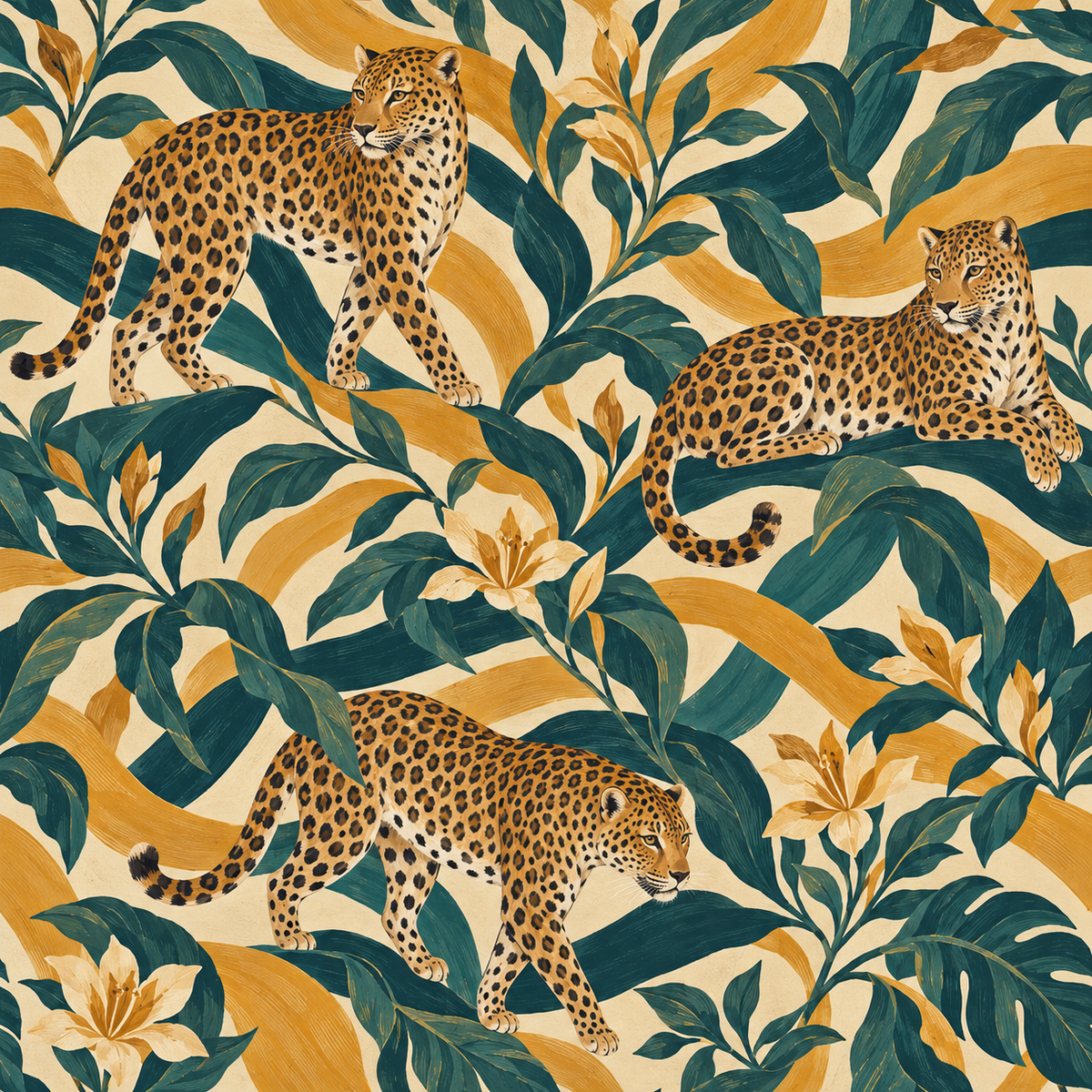Wallpaper with bold color strokes and naturalistic animal figures