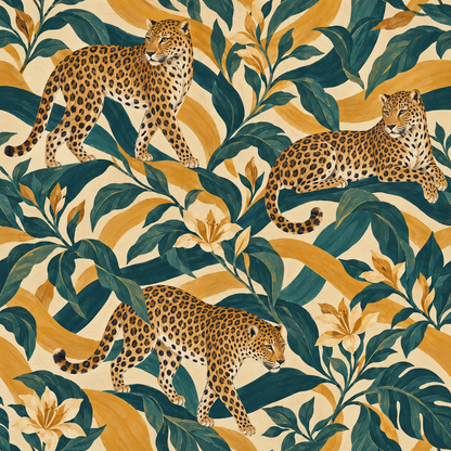 Wallpaper with bold color strokes and naturalistic animal figures