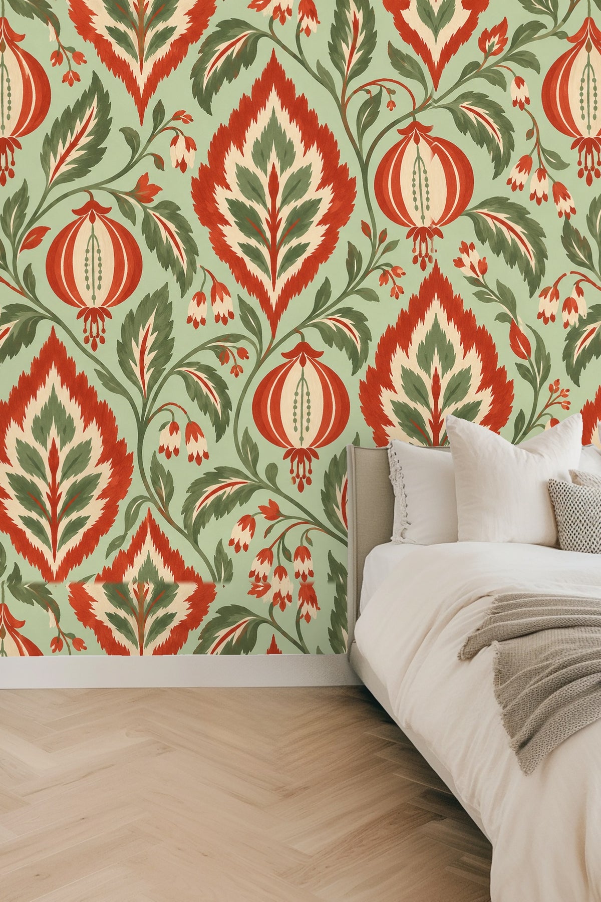 Clean-lined modern living space enhanced by a lively botanical ikat wallpaper spread.