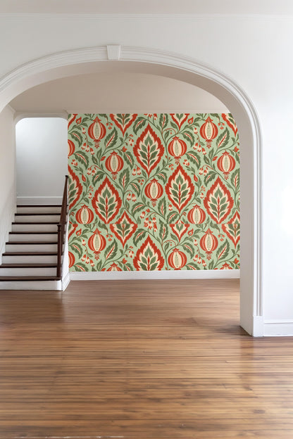 Close framing of floral motifs and hanging buds in bold and muted contrast.