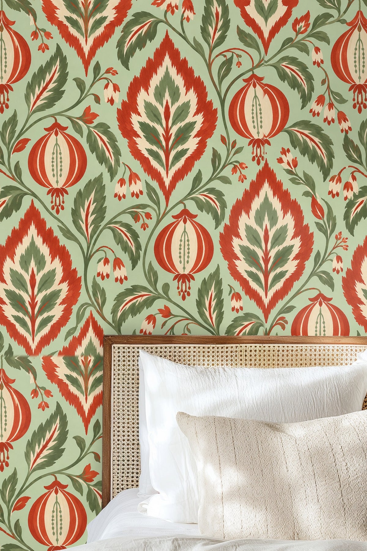 Soft cream throw pillows in front of wallpaper with painterly orange lantern and leafy design.