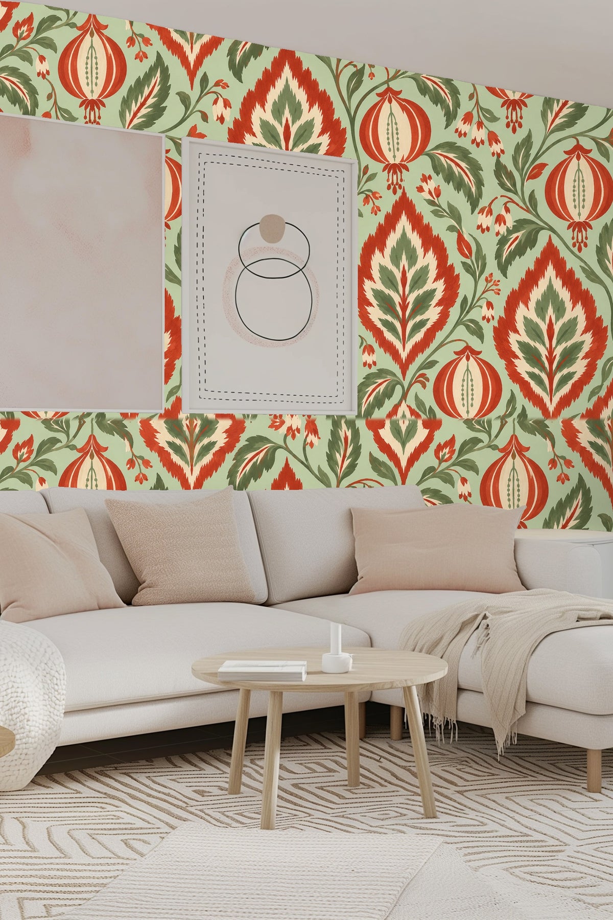 Abstract interpretation of ikat and floral elements combined in a balanced, vibrant wallpaper motif.