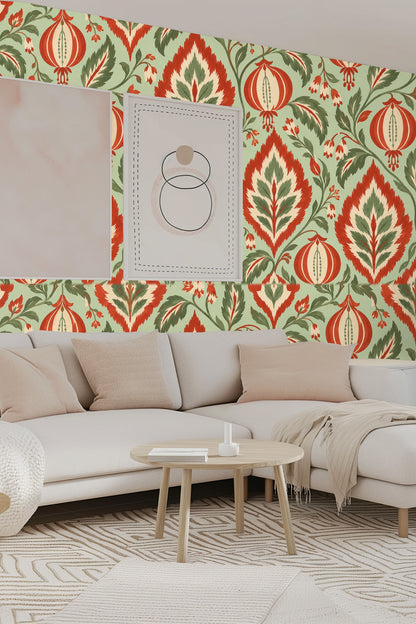 Abstract interpretation of ikat and floral elements combined in a balanced, vibrant wallpaper motif.