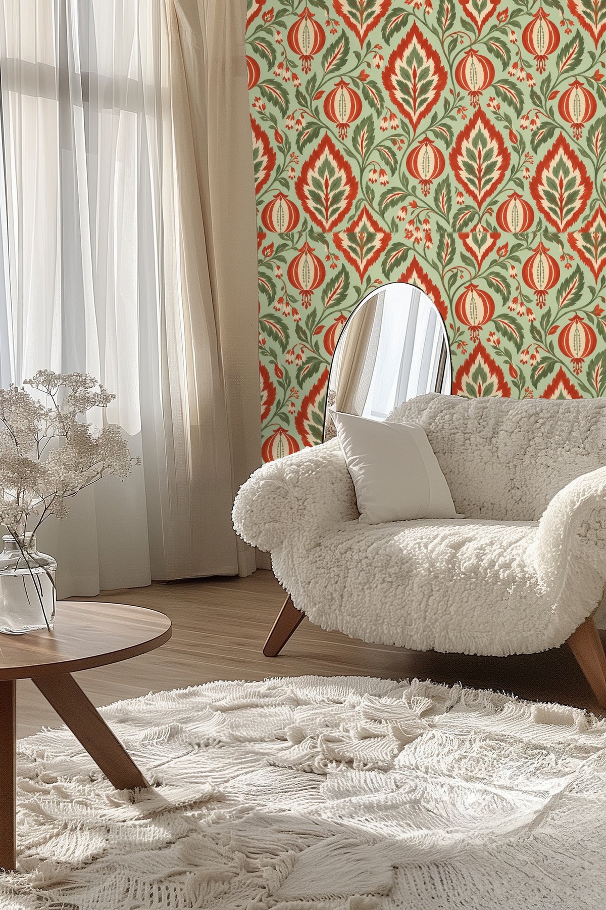 Ambient natural light highlighting the texture and detail of the wallpaper pattern.