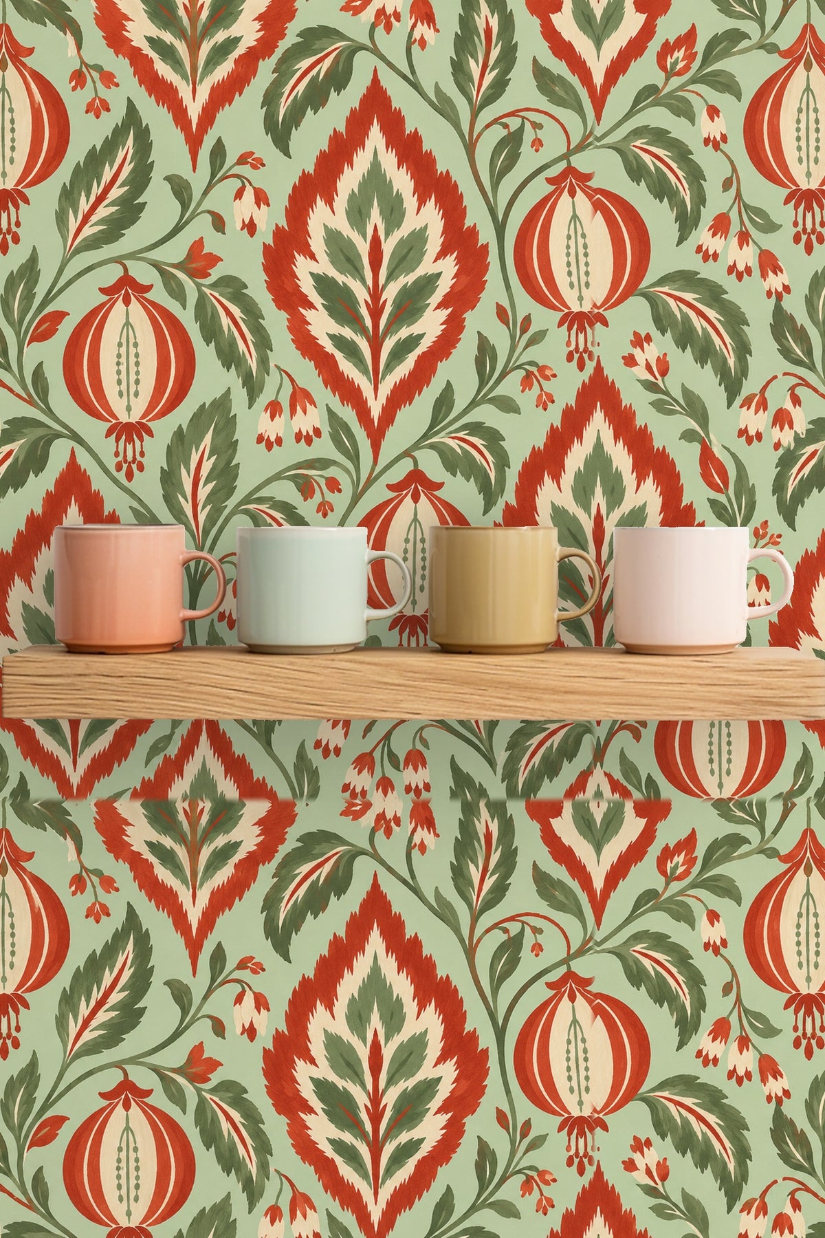 Innovative design with botanical lantern shapes in robust burnt orange and olive green on a pale mint background.