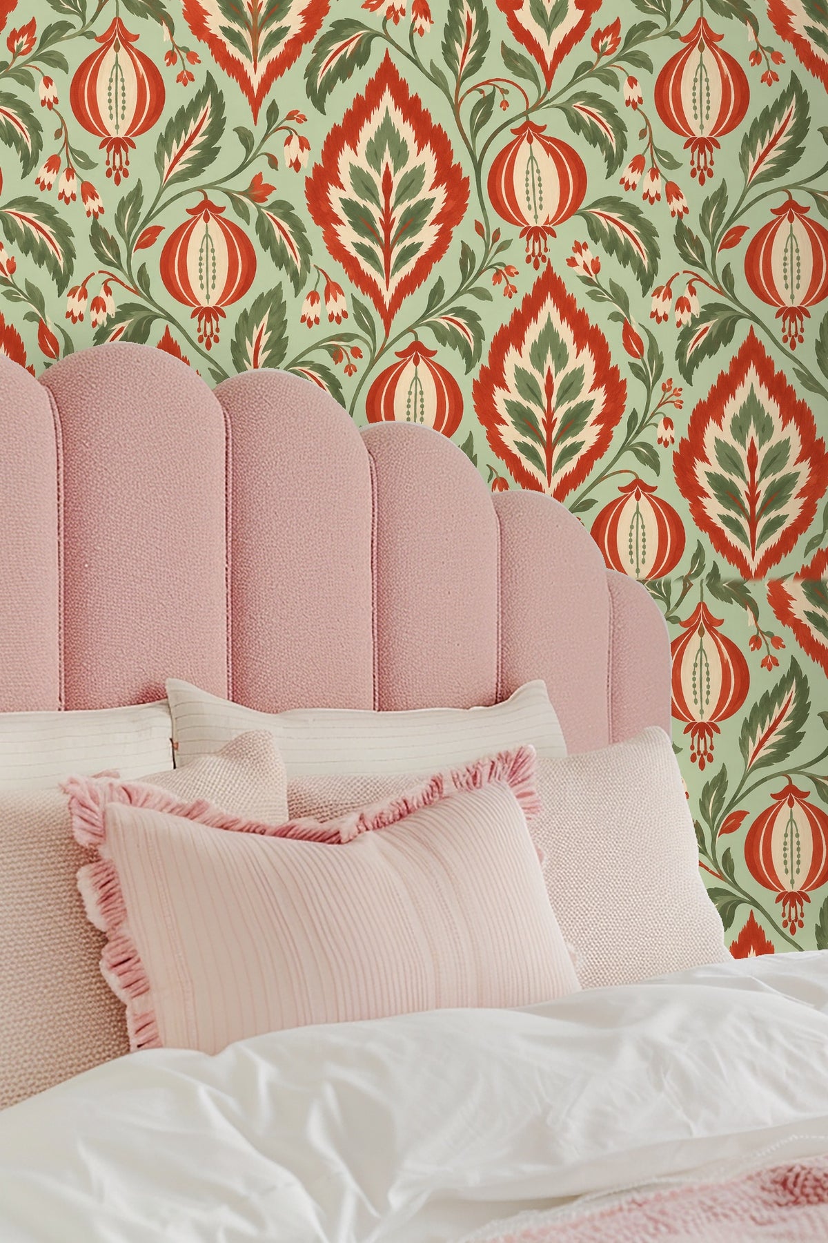 Painterly foliage accents in a repeating ikat-inspired diamond pattern with painterly brush strokes.
