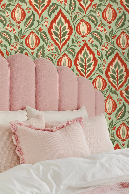 Painterly foliage accents in a repeating ikat-inspired diamond pattern with painterly brush strokes.