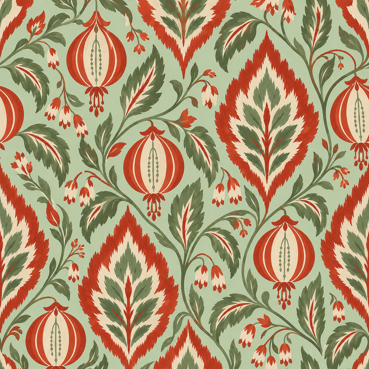 Organic shapes forming a rhythmic composition of leaves and stylized flowers in a contemporary ikat style.