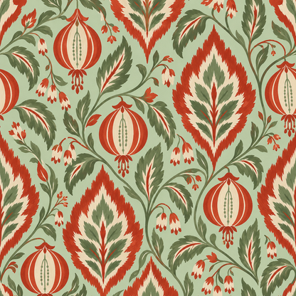 Organic shapes forming a rhythmic composition of leaves and stylized flowers in a contemporary ikat style.