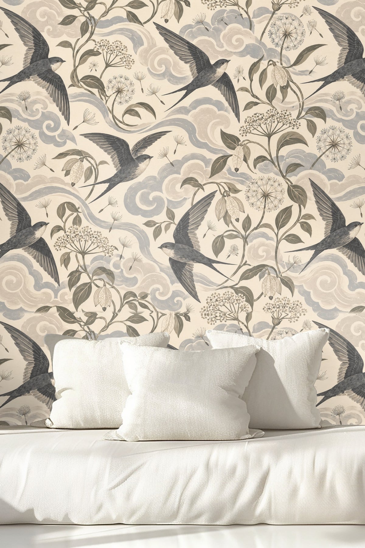Wallpaper artwork showing swallows flying amid clouds and dandelion seed heads in muted blue and grey tones