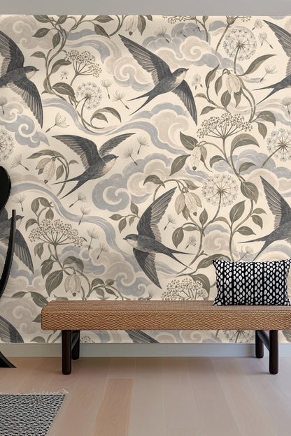 Decorative wallpaper featuring mid-century style birds and plants