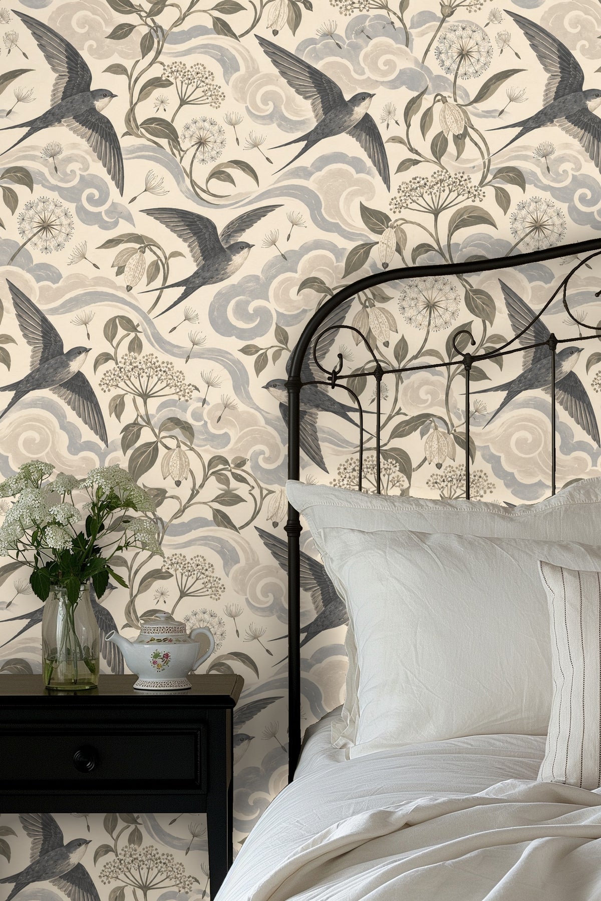 Wallpaper pattern with dandelion seeds drifting across the design