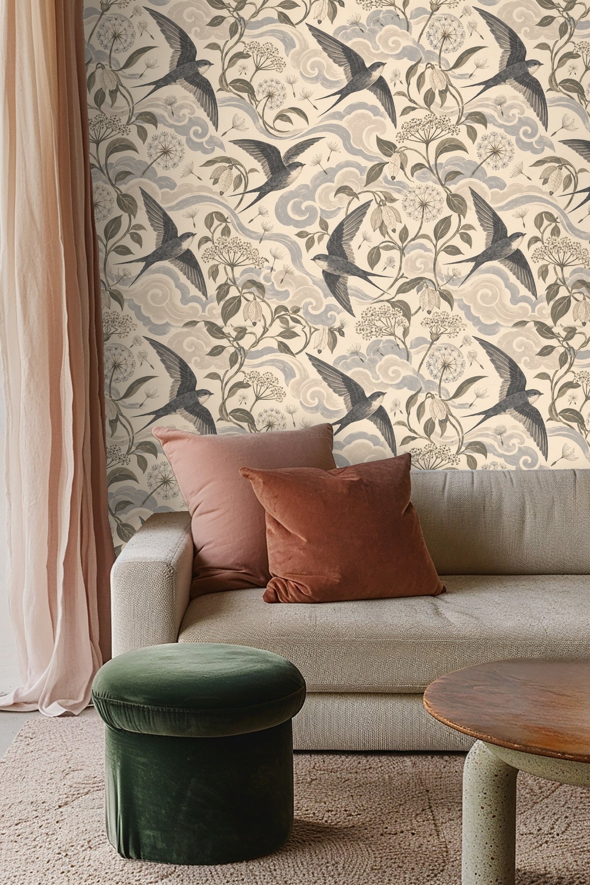Living room decor complemented by wallpaper’s subtle color scheme