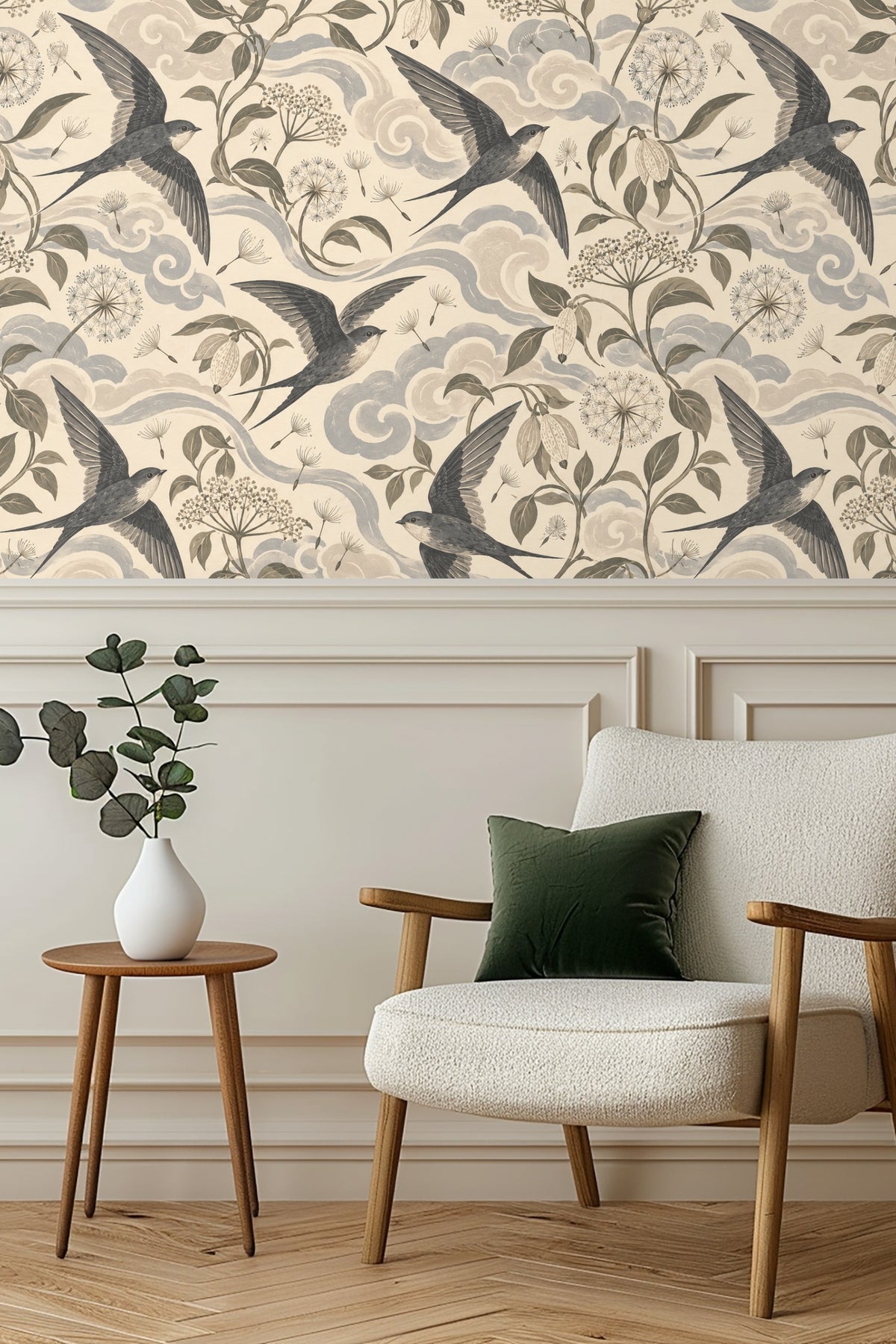 Detailed view of swirling cloud shapes and flying birds on wallpaper