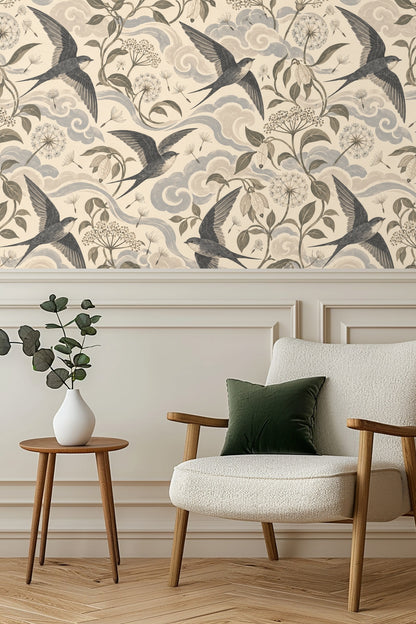 Detailed view of swirling cloud shapes and flying birds on wallpaper