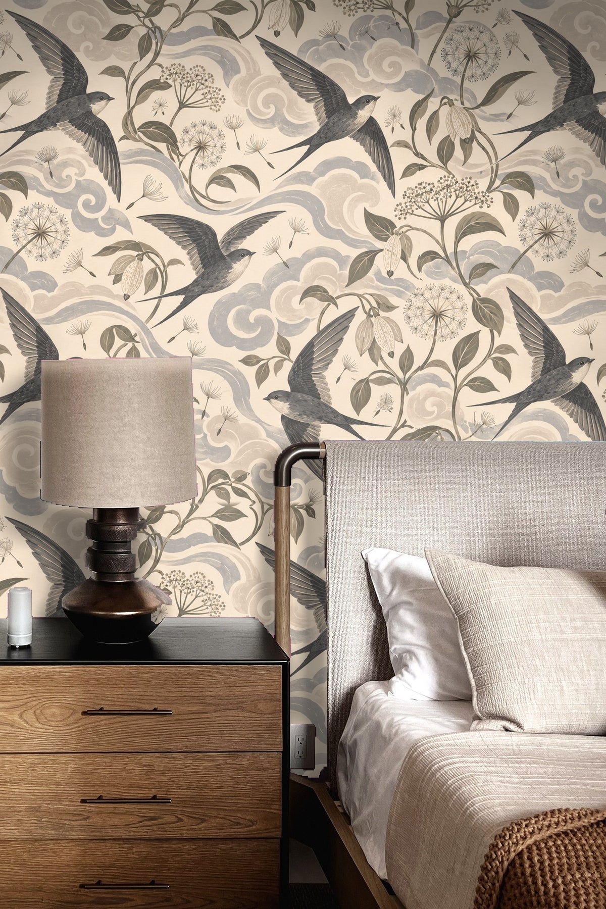 Muted botanical and bird wallpaper showing varied textures