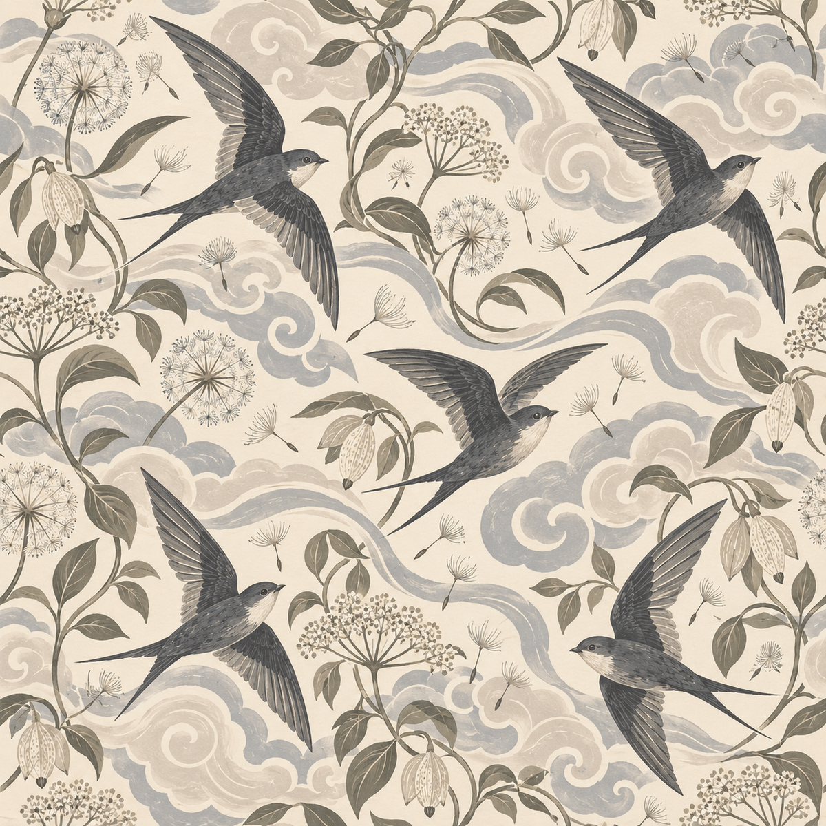 Soft arched cloud forms with flying swallows and seed heads on wallpaper