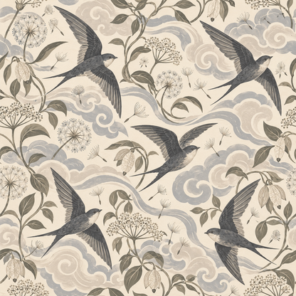 Soft arched cloud forms with flying swallows and seed heads on wallpaper