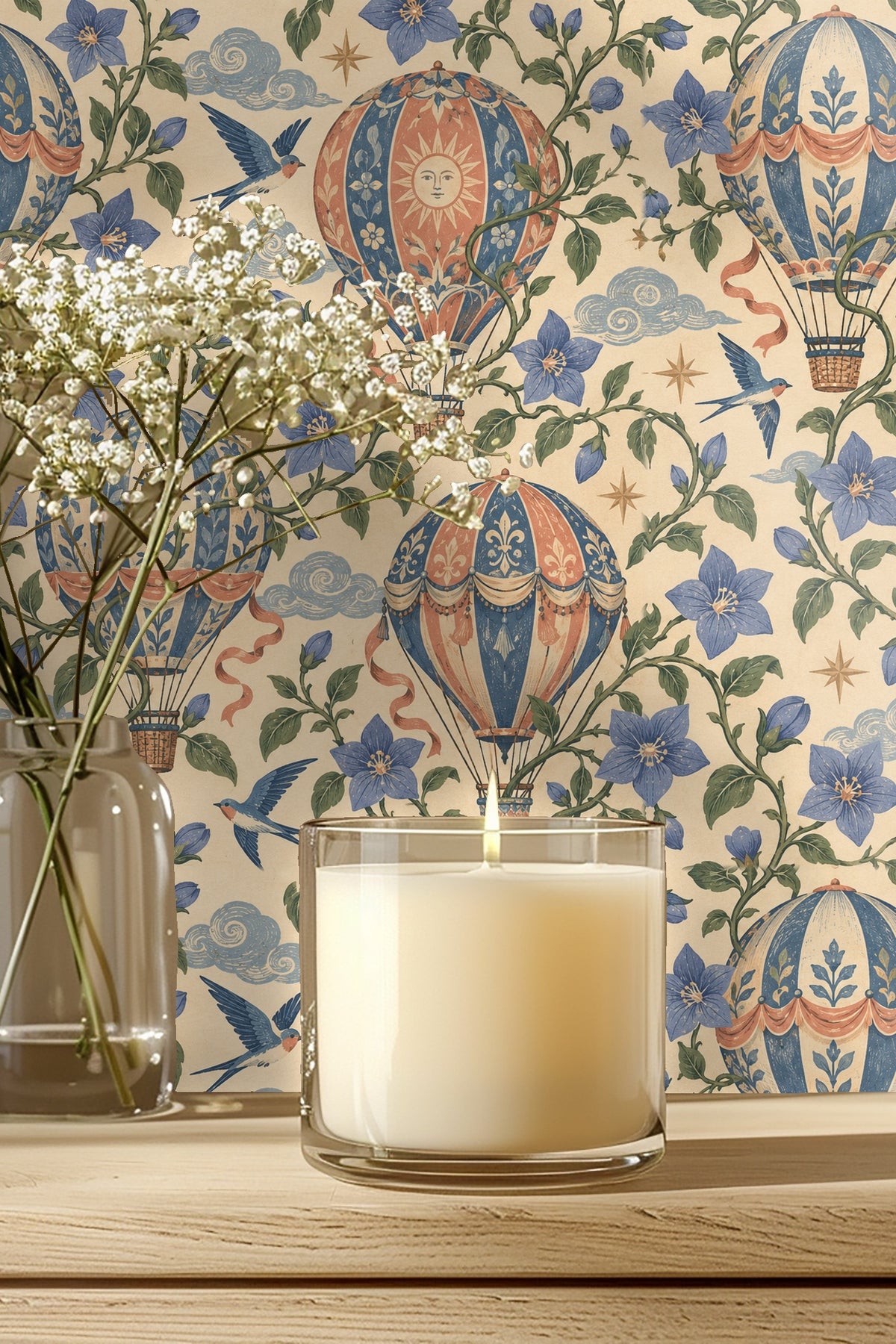 Archway entry featuring balloonflower and hot air balloon wallpaper in beige, blue, and coral hues